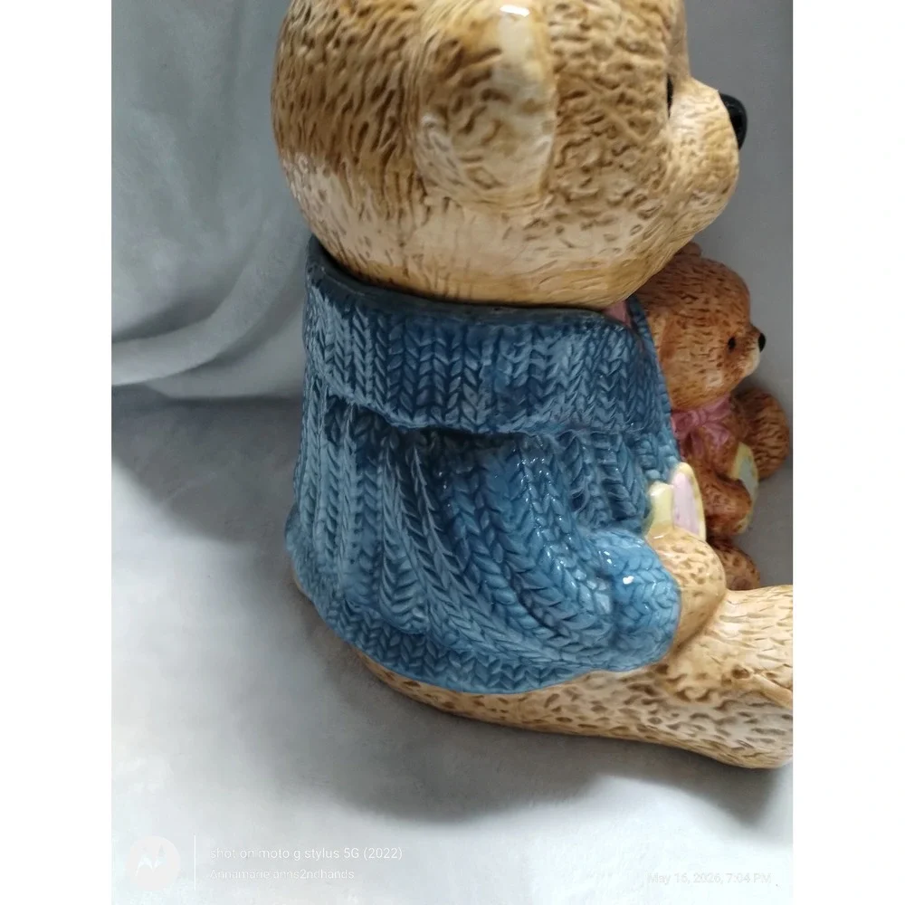 Cresco China‎ Teddy Bear Mother and Cub Ceramic Cookie Jar Blue Sweater